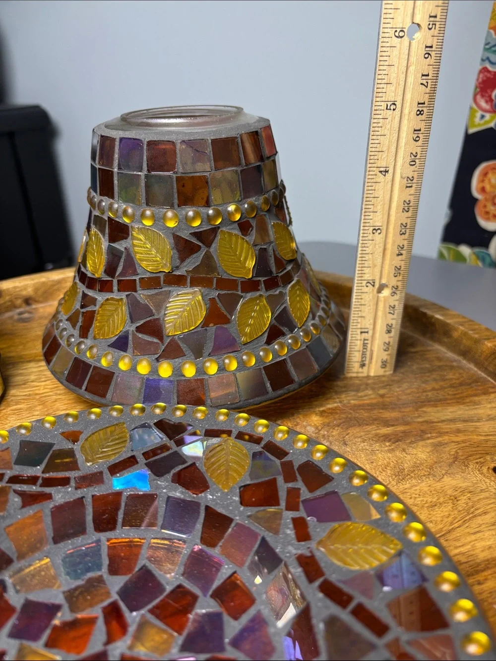 Yankee Candle Mosaic Leaves Glass Leaf Accent Set Topper Jar Plate Amber Purple